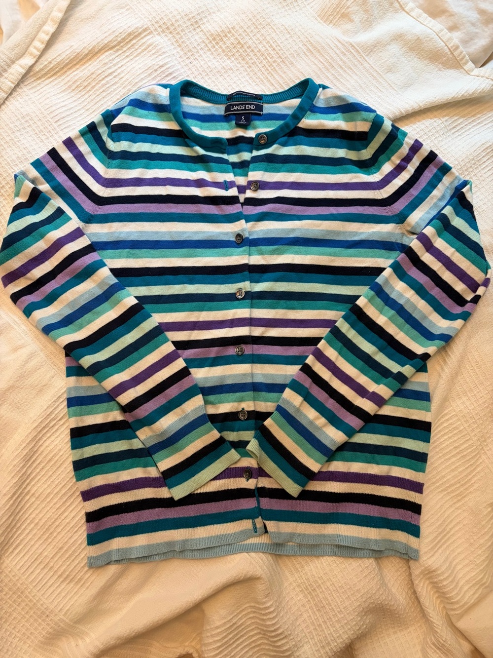 Lands' End Women's Striped Button-Front Cardigan - Teal, Navy & Purple